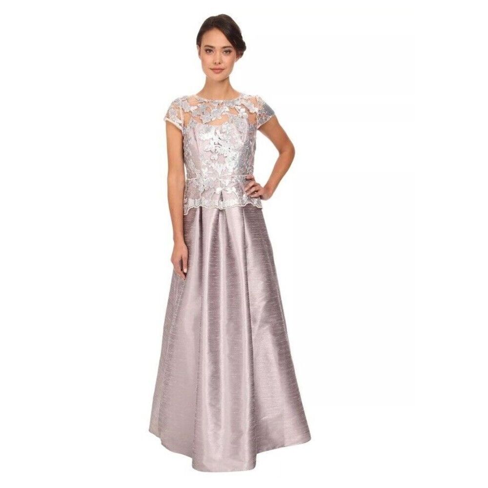 Adrianna Papell Purple Formal Gown Dress Illusion Cap Sleeve Peplum Floral 2